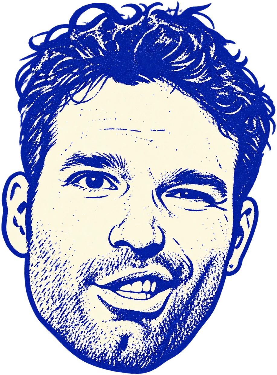Jules, drawn as a vintage blue-ink portrait, grinning