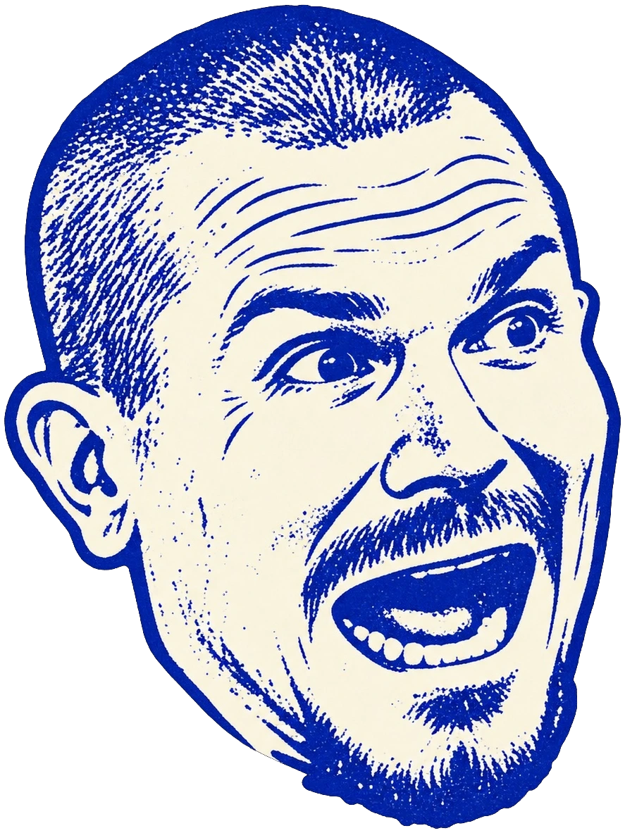 Kyle, drawn as a vintage blue-ink portrait, mid-shout
