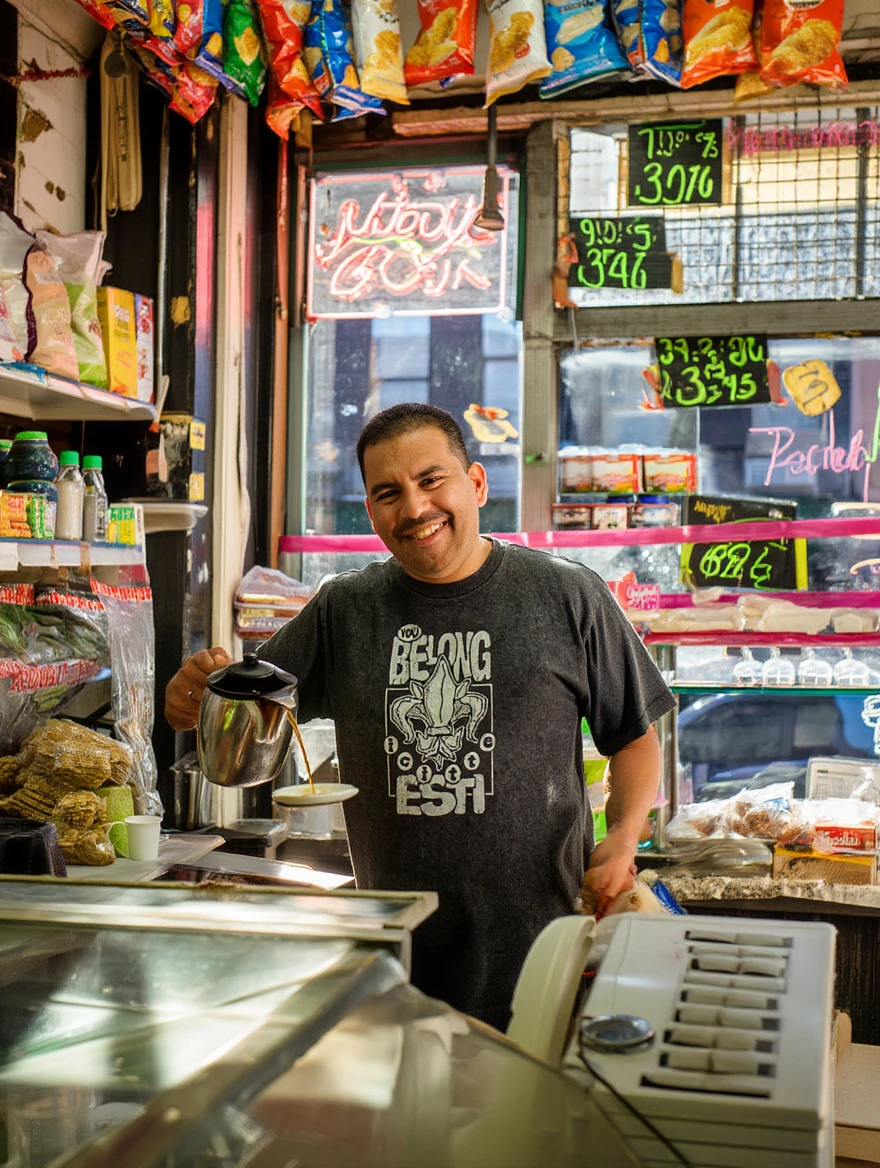 Dépanneur owner in a YOU BELONG ICITTE ESTI tee pouring coffee behind the counter