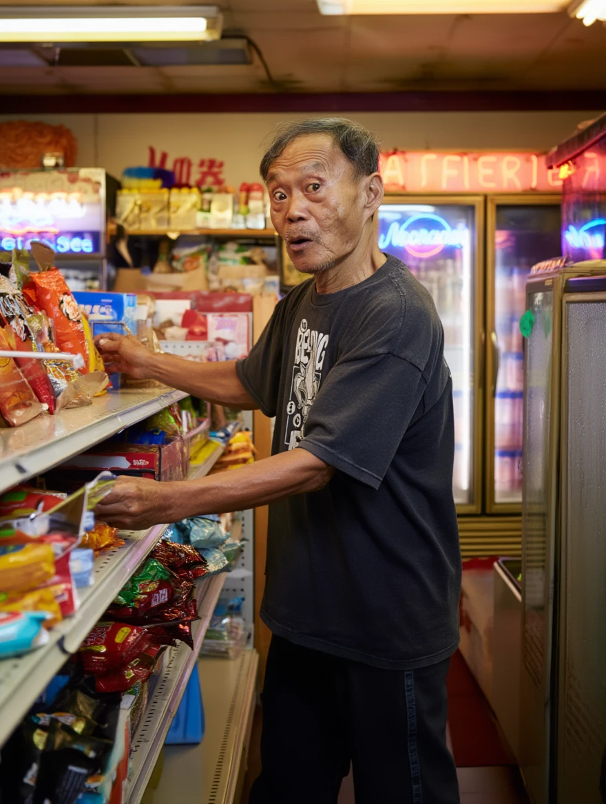 Shopkeeper in an ESTI tee stocking the snack shelves